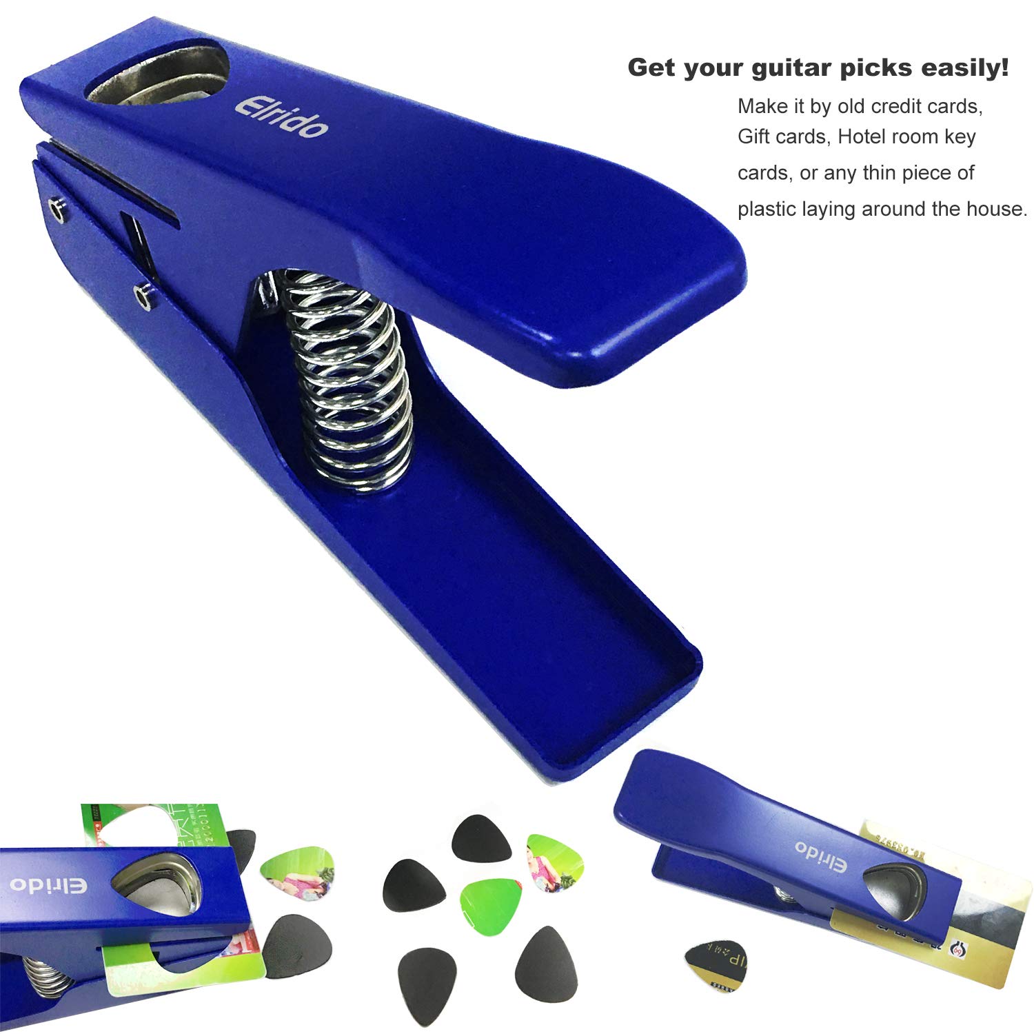 Elrido DIY Guitar Picks Punch Pick Maker Puncher Tool to Make Your Endless Guitar Picks, With 2 Pick Strips Sheet, a Leather Picks Holder - Guitar Picks Puncher Tool Kit Guitar Picks Cutter (Blue)