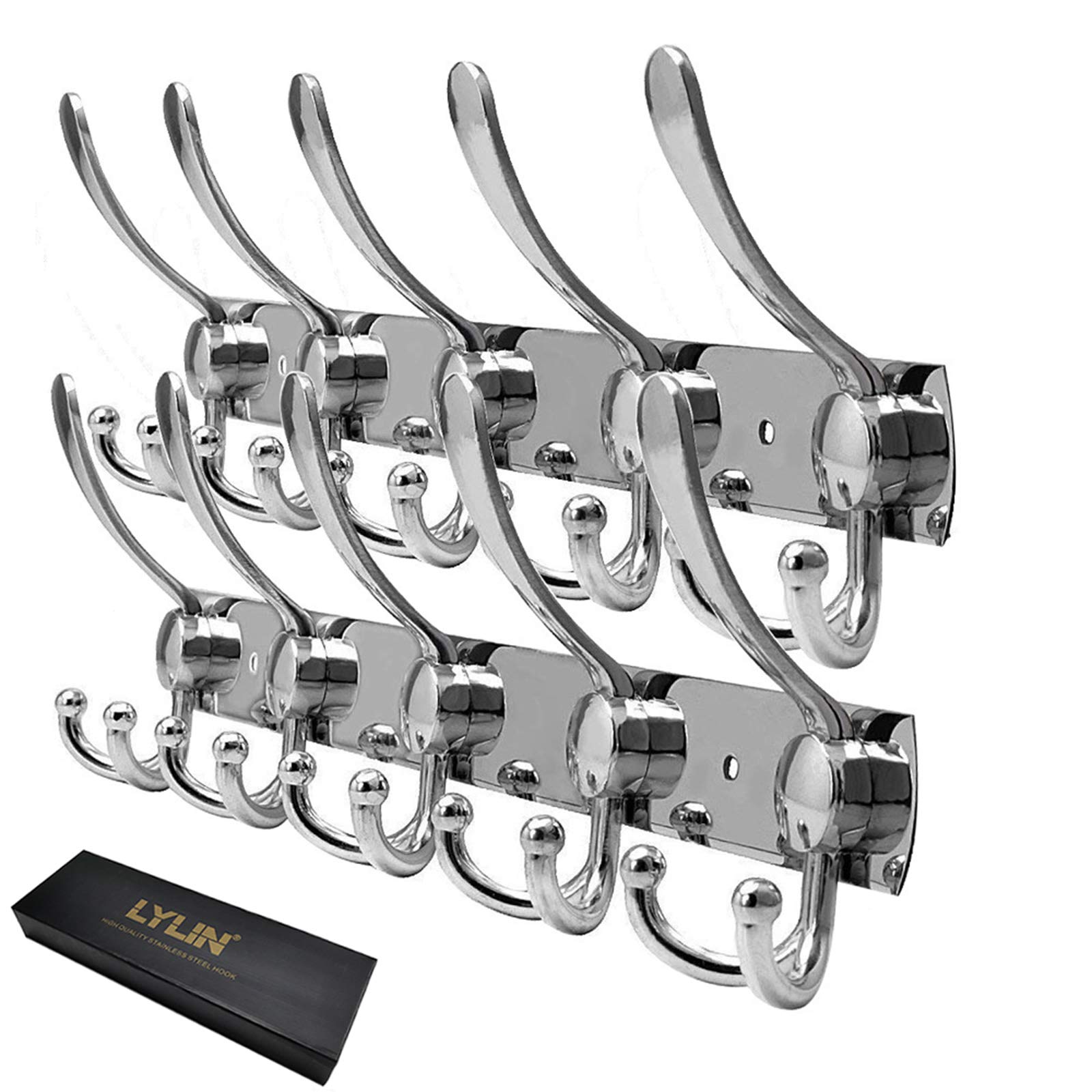 LYLIN Wall Mount Coat Hook, 304 Stainless Steel Over Door Hooks Coat Hanger Rack Hanger Robe Hat Clothes Hook Key Towel Rack for Home Bathroom Kitchen (Sliver 15 Hooks 2pcs)