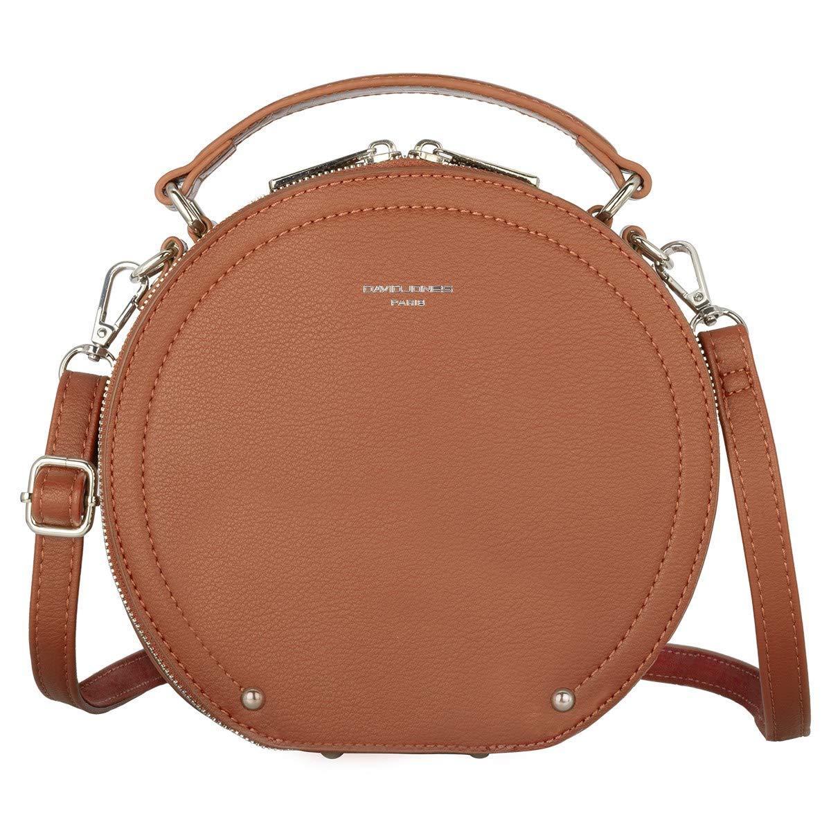 David Jones - Women's Round Crossbody Bag - Small PU Leather Rigid Should Bag - Top Handle Satchel Circle Zipper Handbag - Fashion Evening Clutch Bag - Casual Ladies Girls Purse - Camel Brown