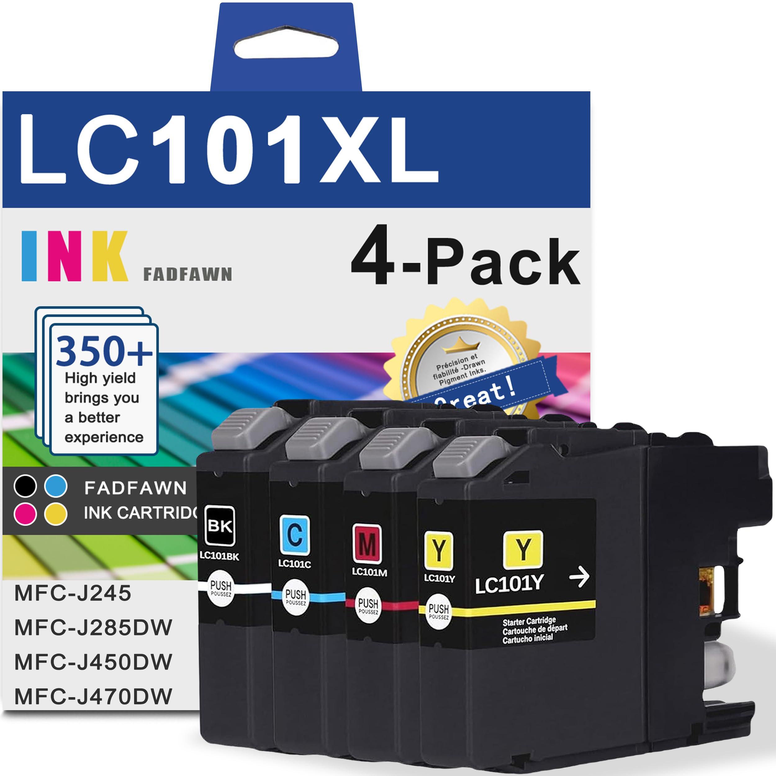 Photo 1 of LC101XL LC101 High Yield Ink Cartridges - Replacement for Brother LC101 LC103 LC103XL Work for MFC-J245 MFC-J285DW MFC-J450DW MFC-J470DW Printer (1Black 1Cyan 1Magenta 1Yellow, 4 Pack)