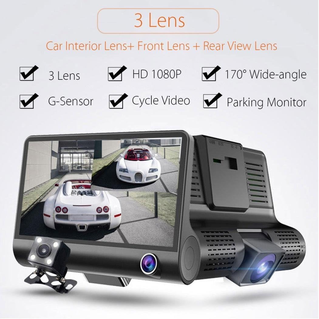 Dash Cam Vahulawa®, 3 Objektiv 4 '' G-Sensor HD 1080 P Auto DVR Dash Cam Video Recorder Rückfahrkamera (DV530, Schwarz)