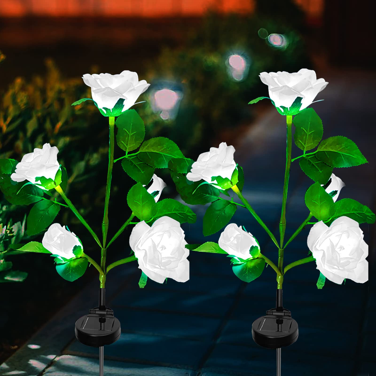 Ovker Solar Flower Lights Outdoor Garden, 2 Packs Solar Garden Lights with 10 LED Bigger Rose Flowers, Solar Waterproof Stake Lamps for Christmas Pathway Lawn Yard Fence Grave Decoration(White)