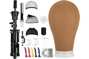 SZCY LLC 23 Inch Canvas Block Wig Head(Khaki), Wig Stand Tripod with Head, Mannequin Head for Wigs, Manikin Canvas Head Block Set for Wigs Making Display with Wig Caps, T Pins C Pins Set Comb
