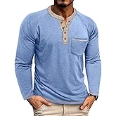 Mens Henley Shirts Long Sleeve Casual Button Basic T-Shirts Classic Vintage Tee Shirts with Pocket