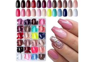 LoveOurHome 576pc Coffin Press on Nails Short Fake Nails Full Cover Colored Artificial Fingernails Ballerina False Acrylic Nail Tips 24 Glossy Colors Press on Nails for Women Girls