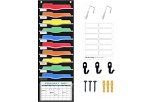 ALSLEA 11 Pockets Hanging Wall File Organizer 15" Extra Wide Pocket Chart for Classroom, Office, Home, Mail Organizer Wall Mounted with 1 Writable Clear Pocket, 5 Wall/Door Hooks & 12 Labels (Black)