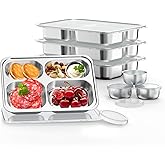 Bakpoco Stainless Steel Divided Plate for Kids Toddler, Non Toxic Portion Control Plate Dinner Plate with Lid for Adults Weight Loss, 4 Pack 4 Sections Rectangular Snack Plate Tray