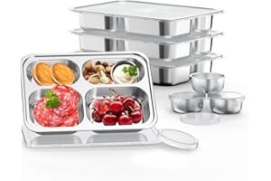 Bakpoco Stainless Steel Divided Plate for Kids Toddler, Non Toxic Portion Control Plate Dinner Plate with Lid for Adults Weight Loss, 4 Pack 4 Sections Rectangular Snack Plate Tray