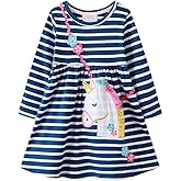 HILEELANG Toddler Girl Long Sleeve Dress Stripe Rainbow Christmas Cotton Casual Tunic Playwear Basic Shirt Party Dresses