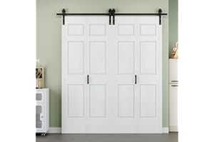 ARK DESIGN 48" x 84" 6 Panels Bifold Barn Door, 56" Track Kit for 4 Closet Doors, Pre-Assembled Panel Bi-fold Barn Door for Pantry, Primed White Finish with Water-Resistant and Scratch-Resistant, Paintable