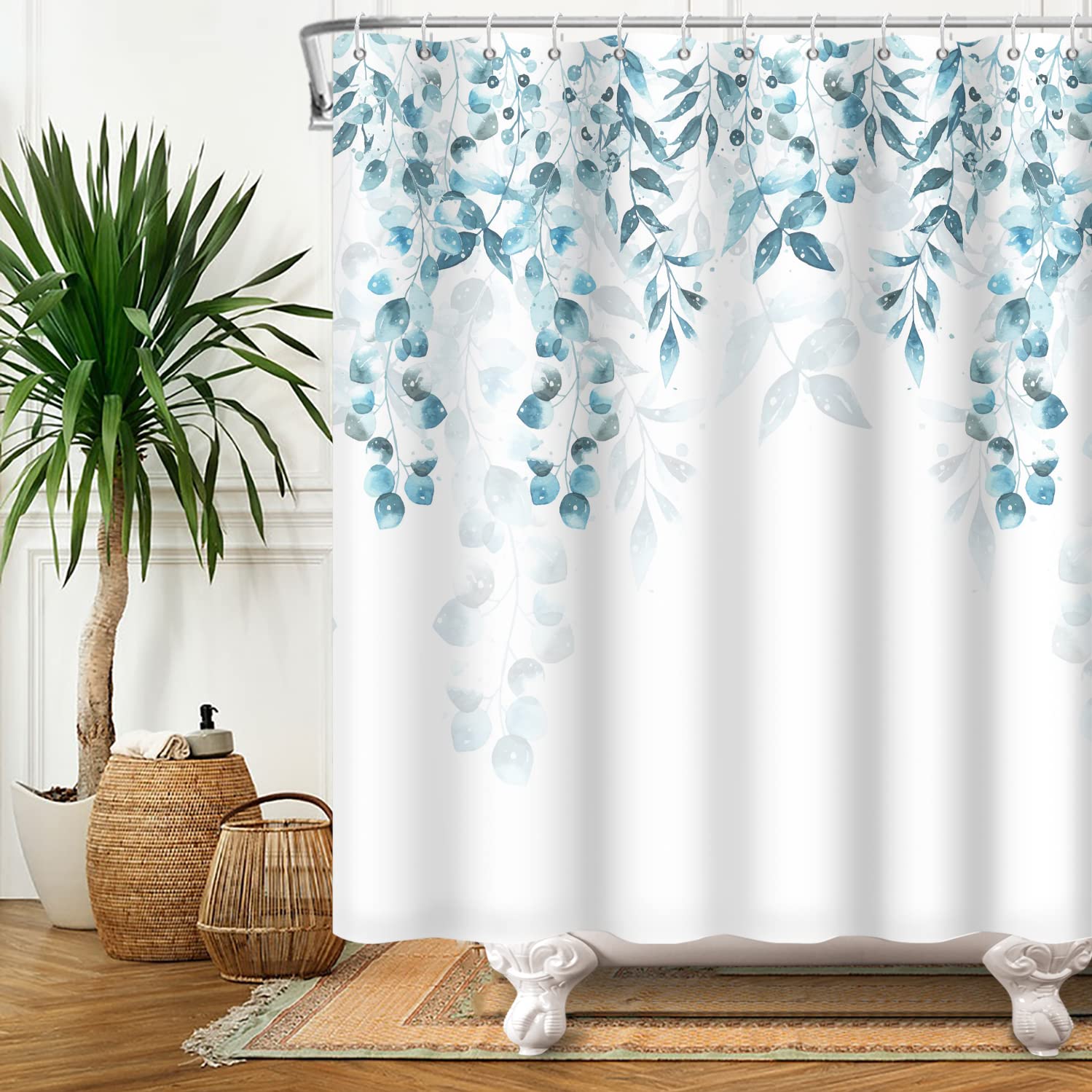 SDOTPMT 140x183cm Teal Green Leaves Shower Curtain Eucalyptus Leaf Natural Plant Branch Bath Curtain White Bathtub Curtain for Kids Bathroom Decor Fabric Polyester Waterproof with Hooks