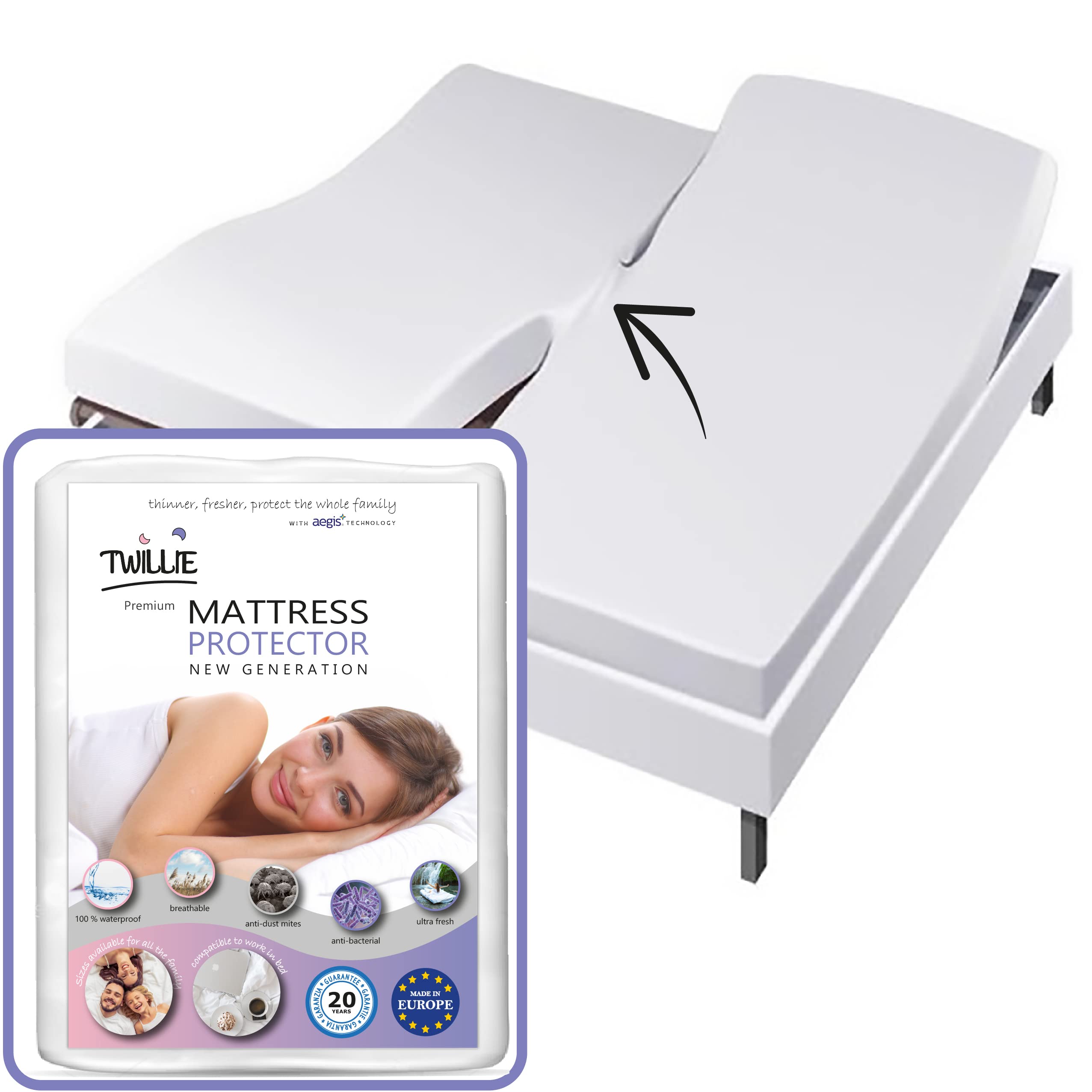 Twillie Set of 1 Double Mattress Protector 2 x 80 x 200 cm Waterproof and Breathable – for Articulated Bed – Oeko-Tex® – Aegis® – Hypoallergenic – Anti Dust Mite – 100% Polycotton