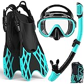 Bairuifu 4 in 1 Snorkeling Gear for Adults - Genuine Advanced Anti-Fog Panoramic Mask, Dry Top Snorkel, Fins &amp; Travel Bag for Snorkeling, Swimming and Travel