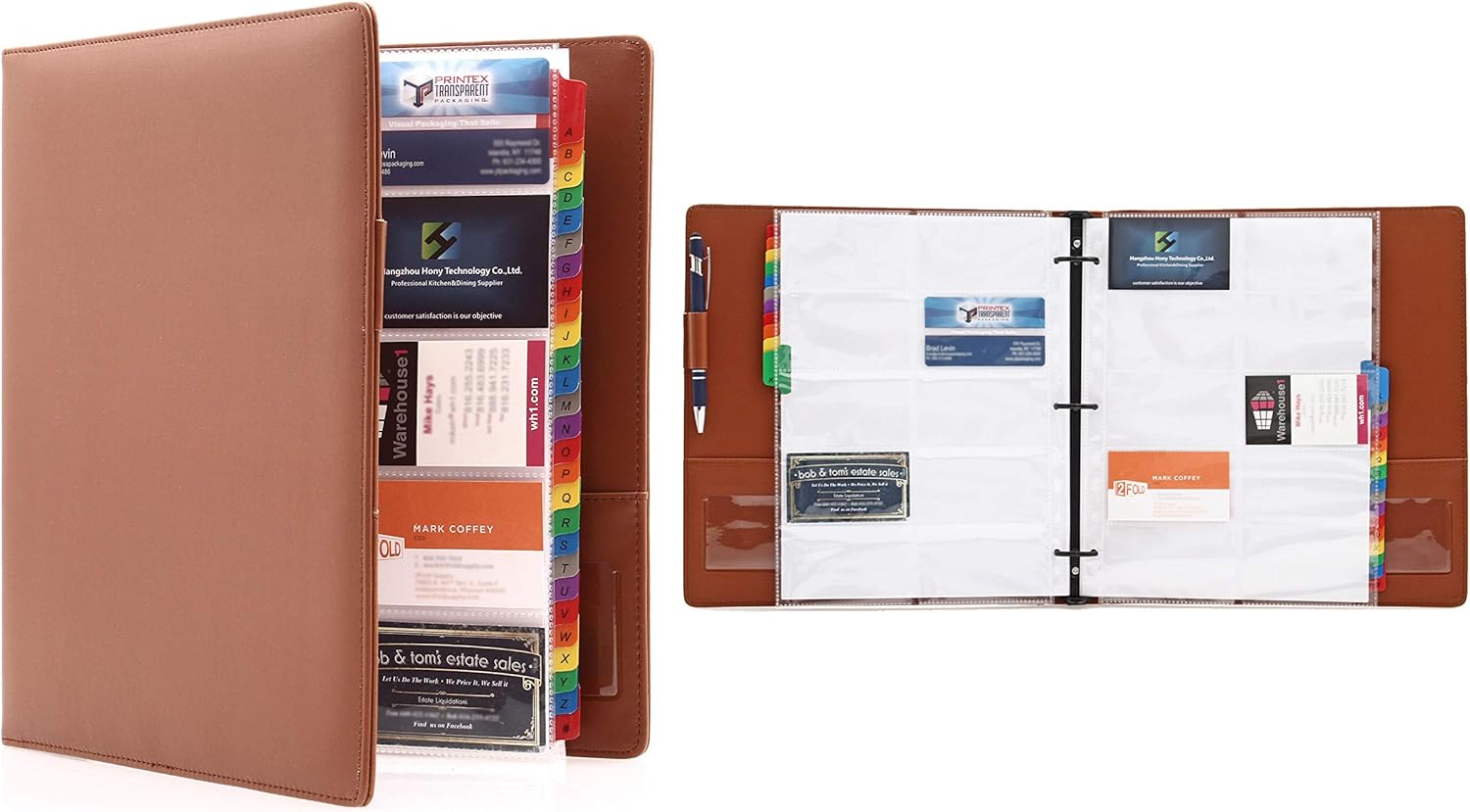 2Fold Supply Deluxe PU Leather Large 600 Business Card 3 Ring Binder Organizer with Alphabetical Index - 30 Double Sided Protector Pages Included (Brown)