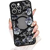 AIGOMARA for iPhone 15 Pro Max Case, Compatible with MagSafe, Cute Rose Flower Pattern with Semi-Transparent Frosted Phone Case for Woman Gilrs Soft TPU and PC Back Protective Slim Phone Cover Black