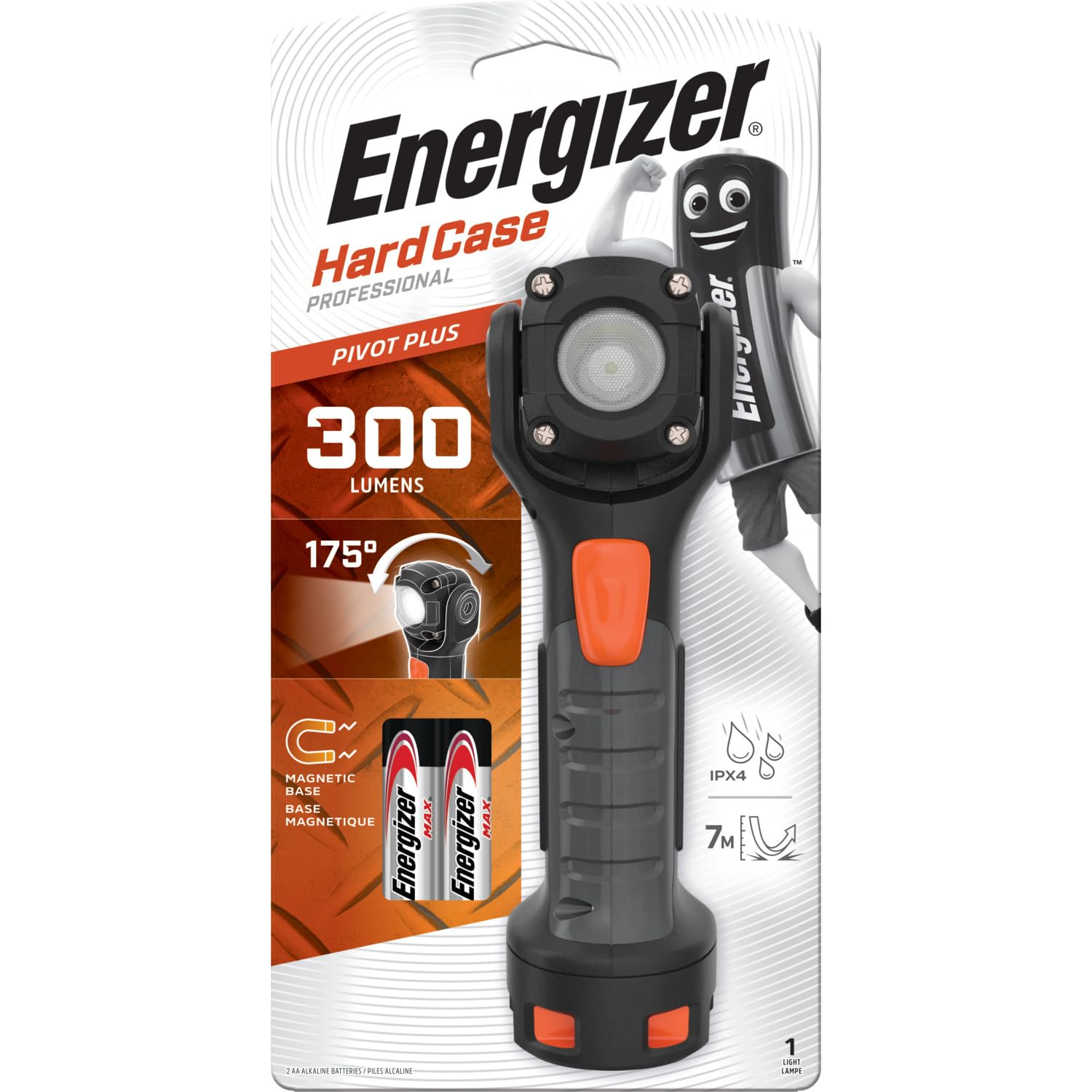 Energizer Hardcase Professional LED Torch, Compact, Water and Impact Resistant, 170° Pivoting Light, Pocket-Sized, 300 Lumens, Batteries Included