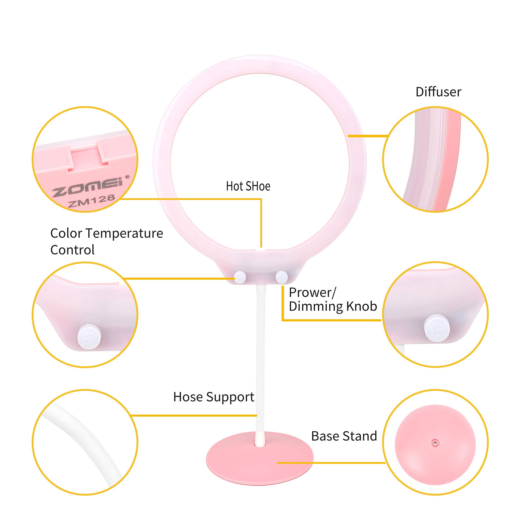 Zomei 10” Table Dimmable Selfie Ring Light with Ball Head, Cell Phone Holder for YouTube Video, Portrait Photography, and Makeup, LED Camera Light,Compatible with iPhone 8 7 6 Plus X Android(Pink)