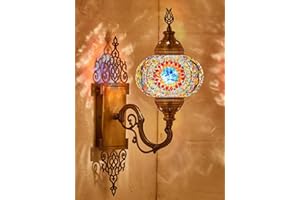 DEMMEX Turkish Moroccan Tiffany Style Mosaic Wall Sconce Lamp Light, Big Size Globe, Decorated Brass Body, Handmade, 15x5 Inches, Multicolor