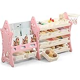 UNICOO® Kids Tree House Design Kids Bookshelf and Toy Storage Organizer, 3-Tier Bookshelves with 4-Tier Storage Rack, 14 Storage Bins for Nursery, Playroom, Study Room (Pink & Cream)