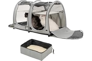 PORAYHUT Portable Twin Compartment Show House Cat Cage Condo,Comfy Puppy Home Dog Travel Crate with Carry Bag,2 Hammocks and Mats & Collapsible Litter Box and Water Bottle