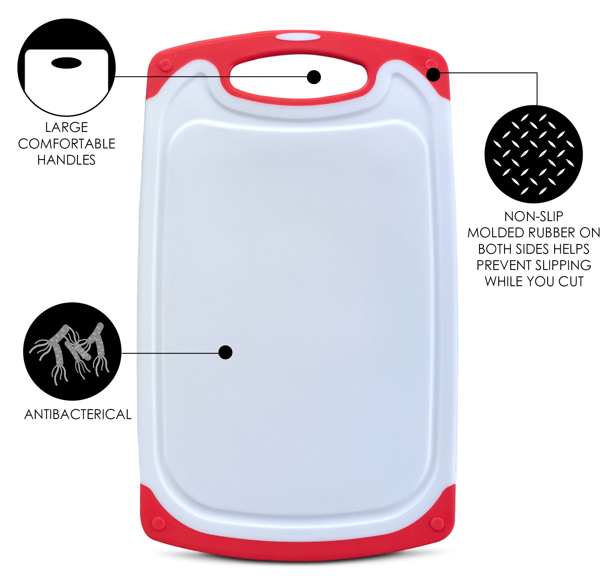 Raj Non-Slip Antibacterial Plastic Cutting Board, Deep Juice Groove, Dishwasher Safe, BPA Free, FDA Approved White and green (3 Pieces, White board with Red Ends)