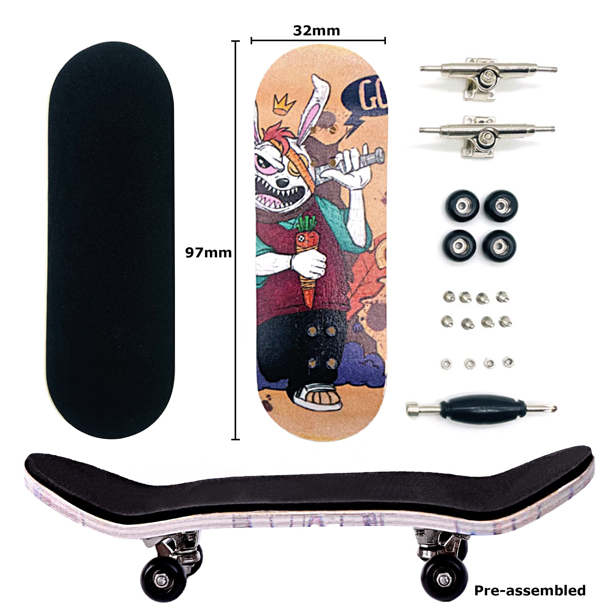 Professional Complete Wooden Fingerboard 32/34mm 5-Ply Maple Finger Skateboard with Upgraded Components (Captain-M)