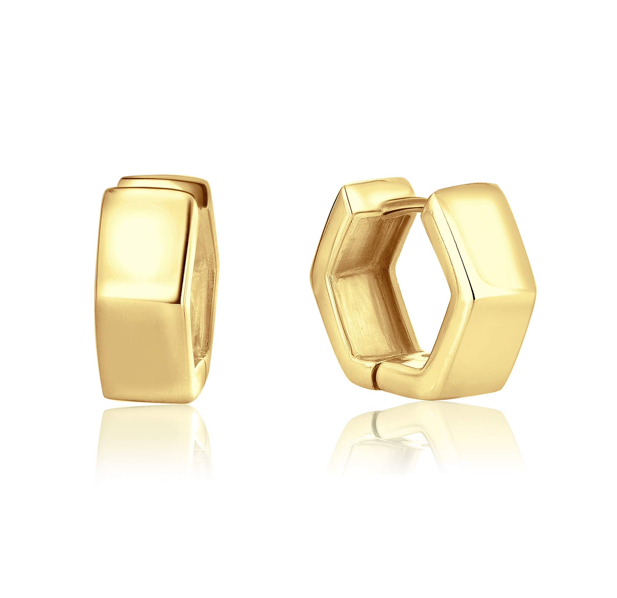 DTPSilver - Huggies/Hinged Hexagon Hoops Earrings 925 Sterling Silver Yellow Gold Plated- Thickness: 2 mm - Wide 5.5 mm - Diameter 14 mm