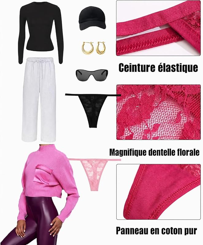 Lot de 6 Strings Tanga Sexy en Dentelle pour Femme sous-vêtements Lingerie Hipster Thongs Plusieurs Pack S-XL,S
