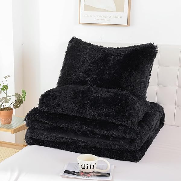SMOOFY FLUFFY KING SIZE COMFORTER SET, FAUX FUR BLACK COMFORTER SET, LUXURY FUZZY KING BEDDING SET, SOFT SHAGGY BED SET FOR ALL SEASON, 3 PIECES – 1 COMFORTER & 2 PILLOWCASES,