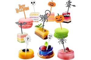DOUDOULE 50 Plastic Halloween Toothpicks, 10 Kind of Halloween Theme Cupcake Topper Food Picks - Pumpkin Ghost Skull Spider Bat, Decorative Cake Fruit Cocktail Appetizer Picks for Kids Birthday Party Supplies