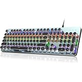 Typewriter Wired Mechanical Gaming Keyboard, Blue Switch LED Backlit | Metal Panel, Retro Punk Round Keycaps, 104 Keys Wired USB Keyboard for PC Laptop Mac Gamer, Rainbow Backlit, RisoPhy