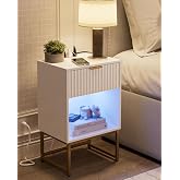 Masupu Fluted Nightstand with Charging Station and LED Lights,Modern Night Stand Wood Bedside Table with Storage Drawer Side End Table for Bedroom, Office,White