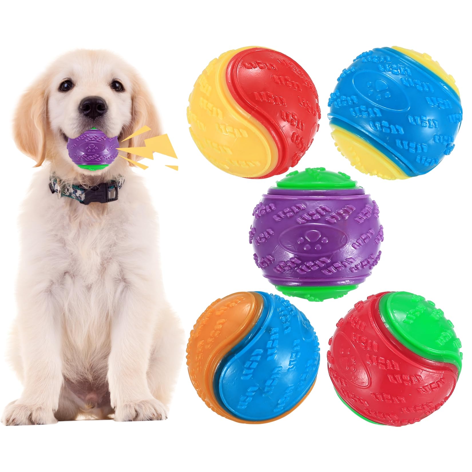 Cbofeixg Squeaky Dog Balls, 5 Pcs Dog Teeth Cleaning Puppy Chew Pet Training Interactive Balls, Indestructible Dog Toys Balls for Playing, Training, Interacting, Boredom