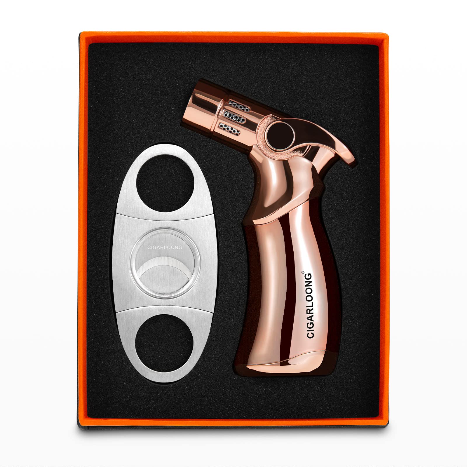CIGARLOONG Cigar Cutter and Lighter Set 2 Piece Stainless Steel Blade Guillotine and Four Jet Flame Refillable Lighter(Silver+Gold) — image 1
