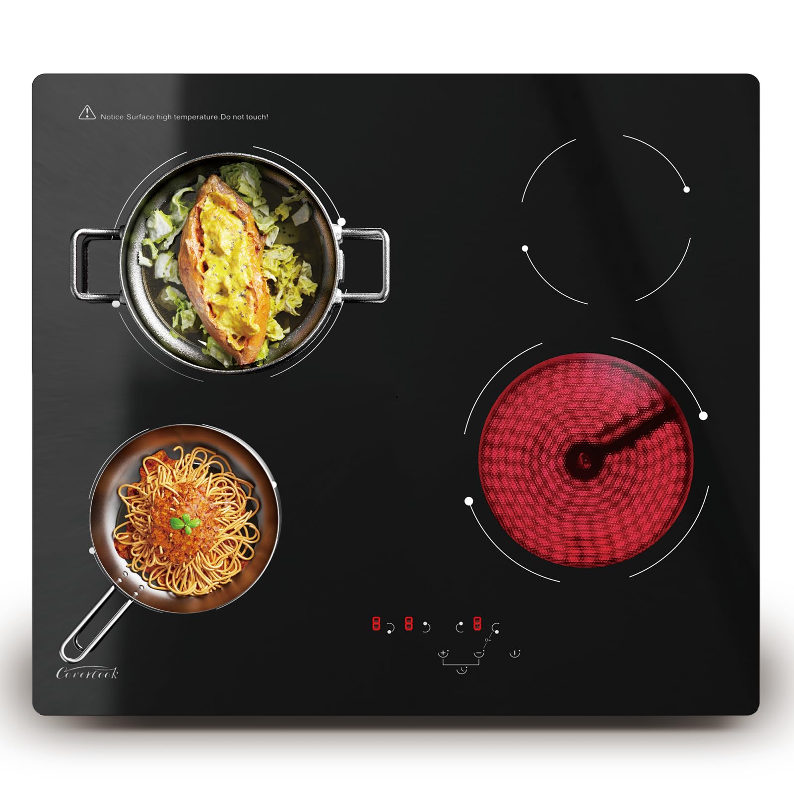 COVERCOOK Electric Ceramic Hob 60cm Cooktop, Built-in Hot Plate Black Glass Cooker Hob, 4 Cooking Zones Countertop with Touch Control, 6000W, Timer, Child Lock, 9 Power Levels, Hard Wired, No Plug