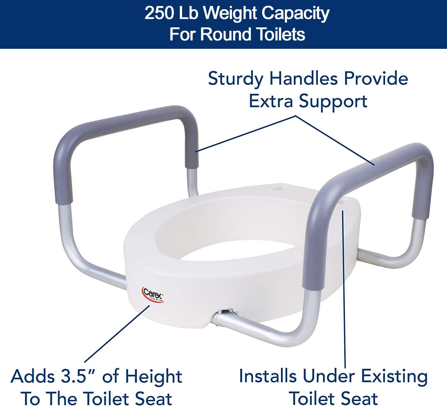 Carex 3.5 Inch Raised Toilet Seat with Arms - For Round Toilets - Elevated Toilet Riser with Removable Padded Handles, Easy On and Off, Support 250 lbs: Health & Personal Care