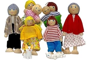 Wooden Dollhouse People 10PCS Cute Posable Doll House People Figures with Pets Wooden Dolls for Pretend Play