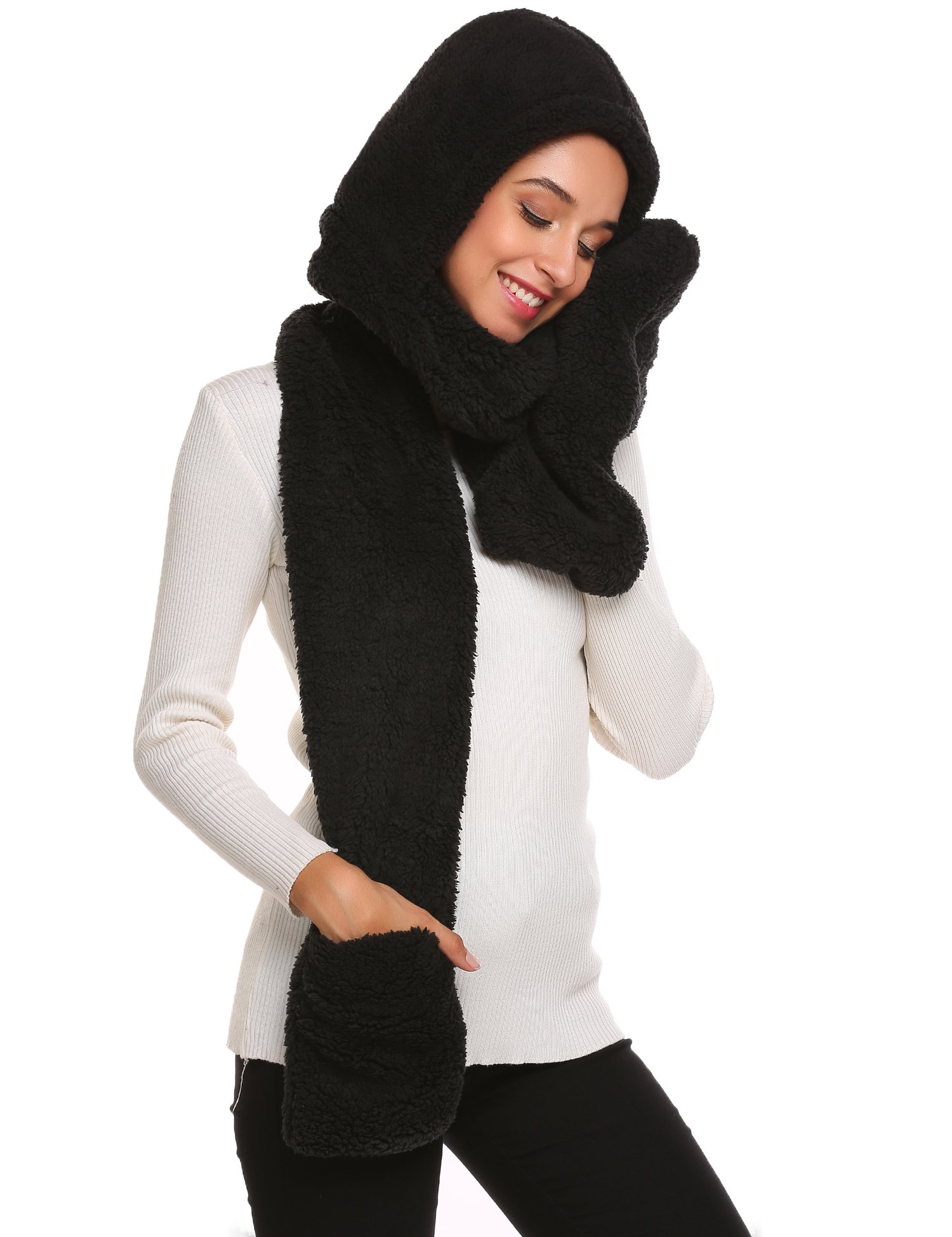 Chigant Womens Soft Thick Warm Fleece Long Hooded Scarf with Gloves for Chrismas Gift Chigant Womens Soft Thick Warm Fleece Long Hooded Scarf with Gloves for Chrismas Gift