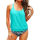 Tempt Me Blouson Two Piece Tankini Swimsuits for Women Tummy Control Bathing Suits with Bottoms Modest Loose Fit Swimwear