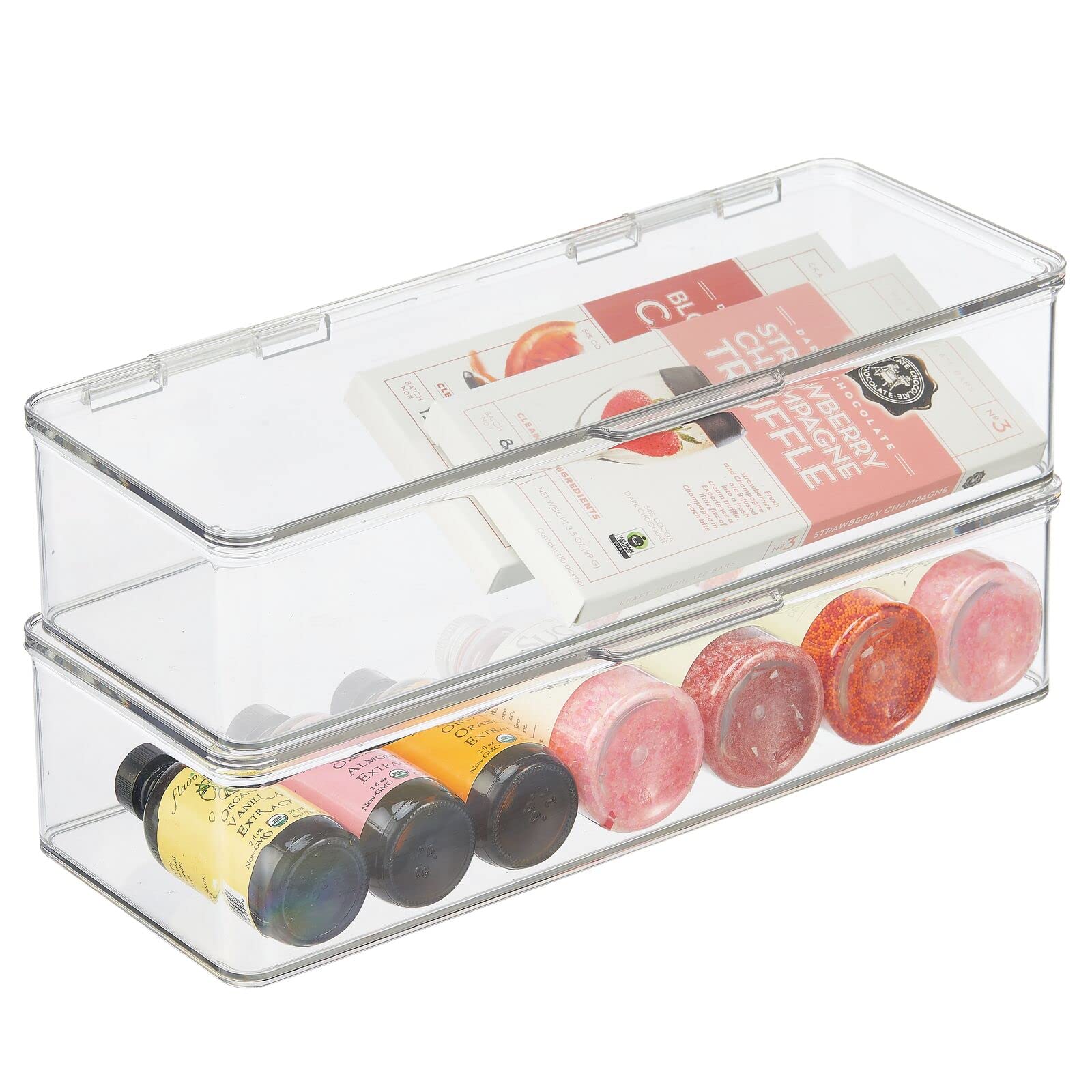 mDesign Practical Kitchen Stacking Boxes - Set of 2 - Ideal Storage Cans Made of Plastic - Storage Boxes with Lid for The Refrigerator and Freezer - Clear