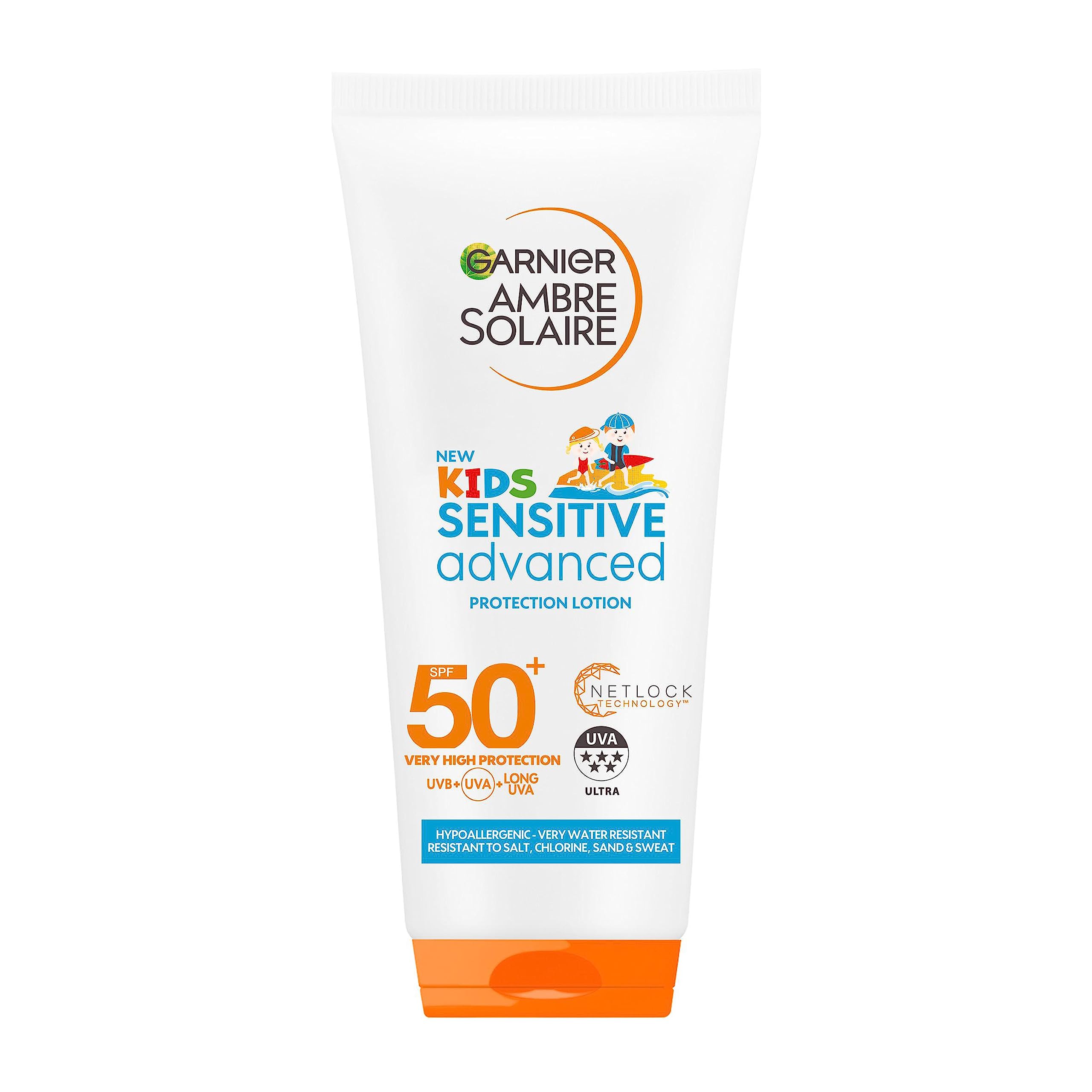 Garnier Ambre Solaire Kids Sensitive Hypoallergenic Sun Protect Lotion Tube SPF 50+ Very High Protection Sunscreen Against UVA & UVB, Easy Use Non Sticky Water Resistant Lotion, for Face & Body, 200ml