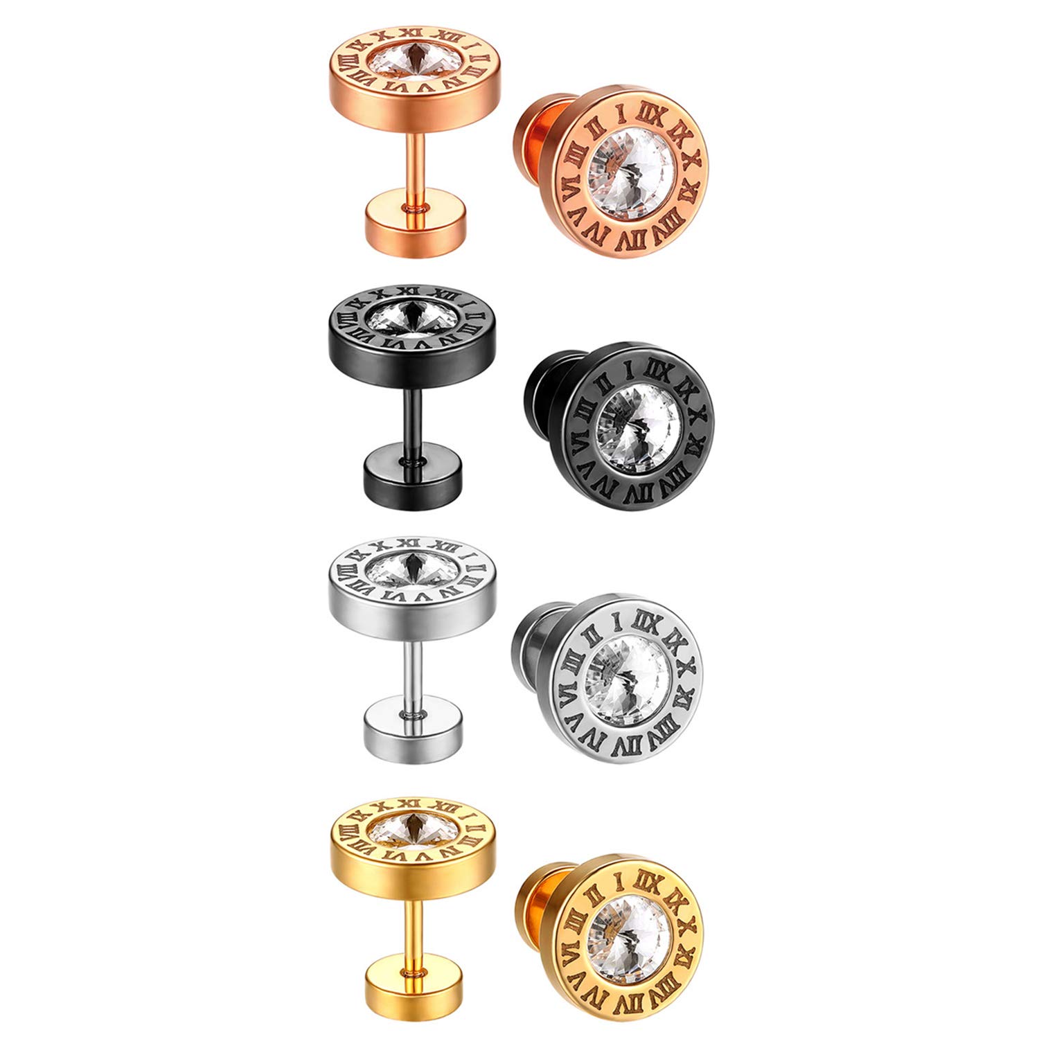 Cupimatch 4 Pairs Roman Numeral Stud Earrings Set, Stainless Steel Round Zircon Ear Pierced Tunnel Earrings Jewelry for Women Men