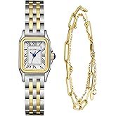 LEUCOPHYLLU Small Gold Watches for Women with Vintage Rectangular Case, Classic Roman Dial,Stainless Steel Band Water Resistant with Bracelet Chain