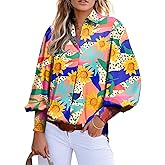 Astylish Women Loose V-Neck Shirts Paisley Print Lantern Sleeve Blouse Boho Tops