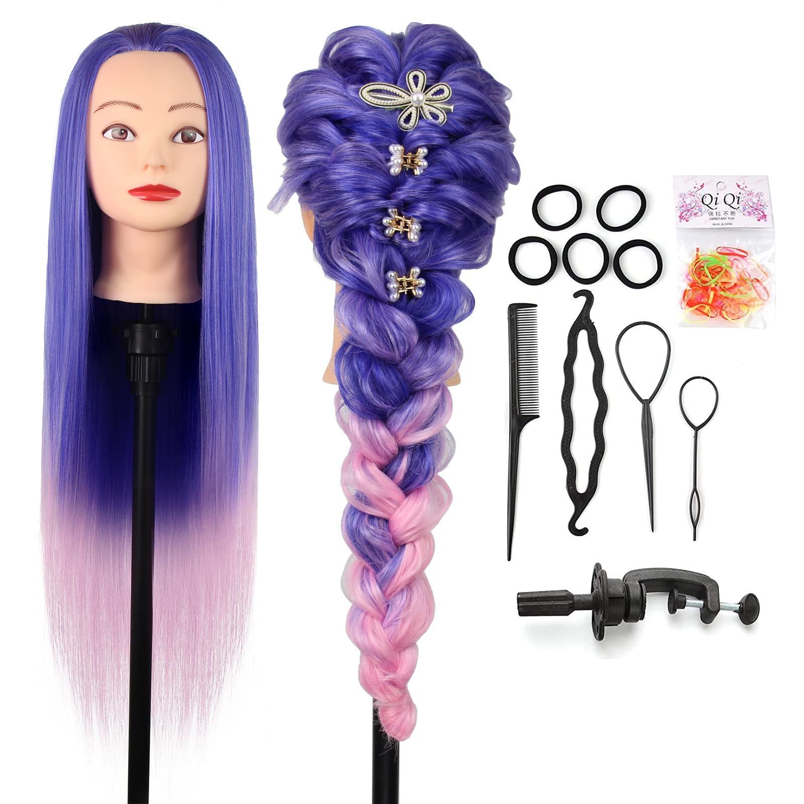 Auzass Hairdressing Head, Soft 26-28Inch Training Head 100% Synthetic Fiber Hair Mannequin Head Hairstyling Dolls Head with Table Clamp+Braid Set, Present for Girls Kids Hairdressers