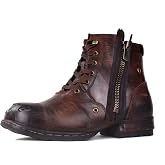 OSSTONE Moto Boots for Men Fashion lace-up Leather Chukka Boots Casual Shoes Metal Cleats OS-5008-8-Metal-Brown