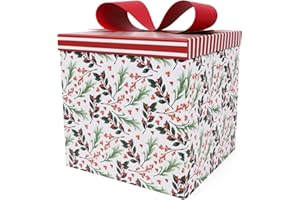 LaRibbons Large Christmas Gift Boxes with Lids,10x10x10 Inches Greens and Berries Design Folding Square Gift Boxes for Christmas Decorative,Xmas,Birthday,Present,Storage,Red