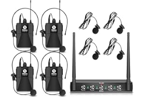 D DEBRA Debra Audio Pro UHF 4 Channel Wireless Microphone System with Cordless Handheld Lavalier Headset Mics, Metal Receiver, Ideal for Karaoke Church Party (with 4 Bodypack (A))