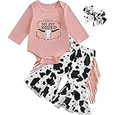 Kayotuas Western Baby Girl Clothes Summer Cowgirl Outfit Short Sleeve Romper Bow Boots Cow Print Flared Bell Bottom Pants Set