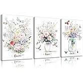 3Pcs Framed Wildflowers Canvas Wall Art Modern Christian Love Hope Faith Poster Print Bible Verses Floral Picture Flowers Butterfly Hummingbird Painting Wall Decor for Bedroom Living Room 12x16in